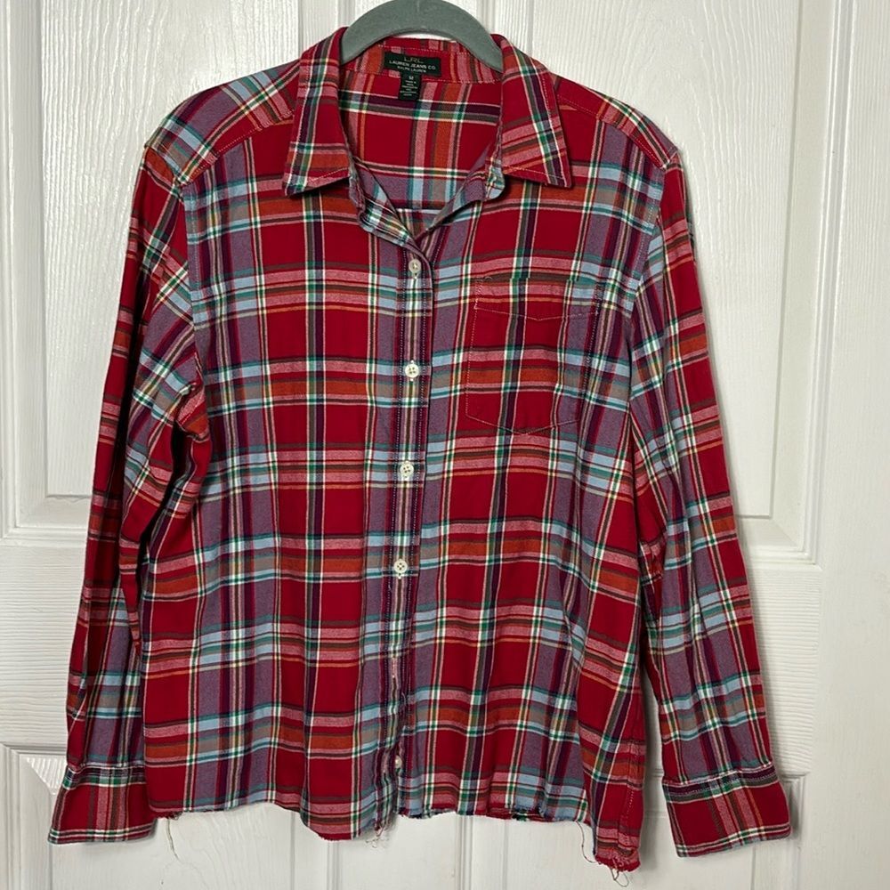 Lauren Ralph Lauren red plaid raw hem button down collar shirt size Medium